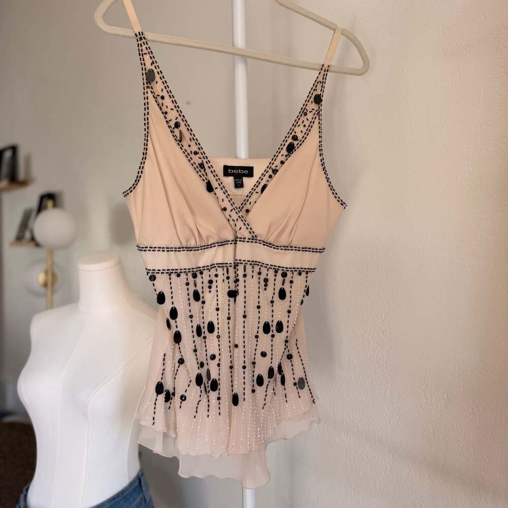 Bebe Beaded Deadstock y2k Cami Champagne Black Embellished Top